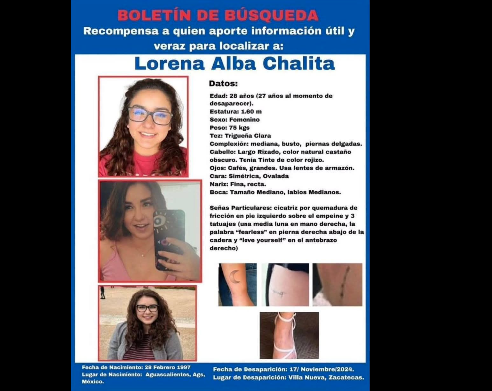 Confirman hallazgo sin vida de Lorena Alba, joven desaparecida en 2024 en Zacatecas.